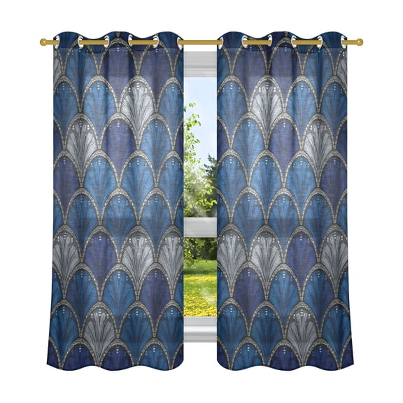 2 Panels Set Blackout Curtains Thermal Insulated Sun Protection Room Darkening Drapes for Bedroom Dark Blue Fan-shaped Pattern