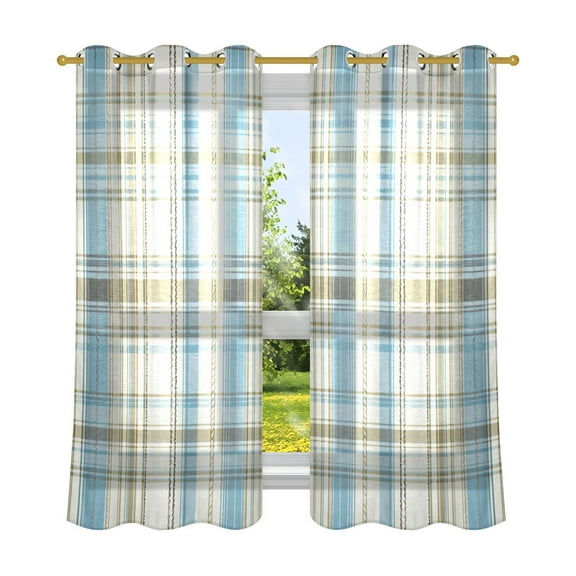 2 Panels Set Blackout Curtains Thermal Insulated Sun Protection Room Darkening Drapes for Bedroom Light Blue and Brown Tartan