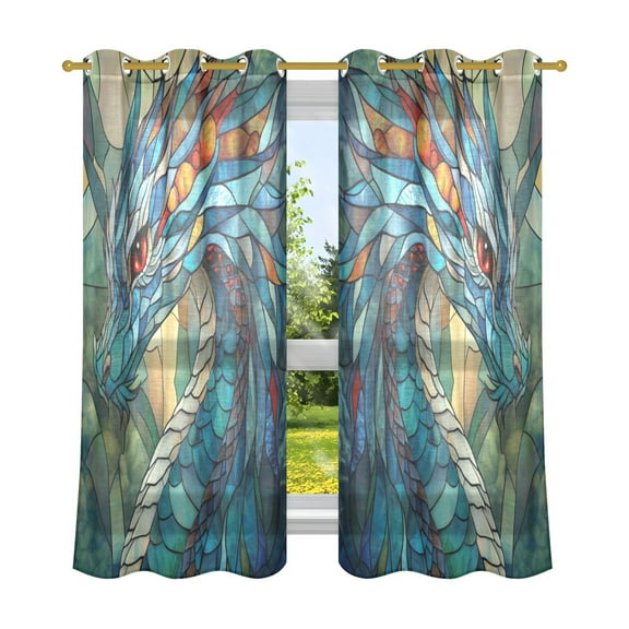2 Panels Set Blackout Curtains Thermal Insulated Sun Protection Room Darkening Drapes for Bedroom Stained Glass Dragon