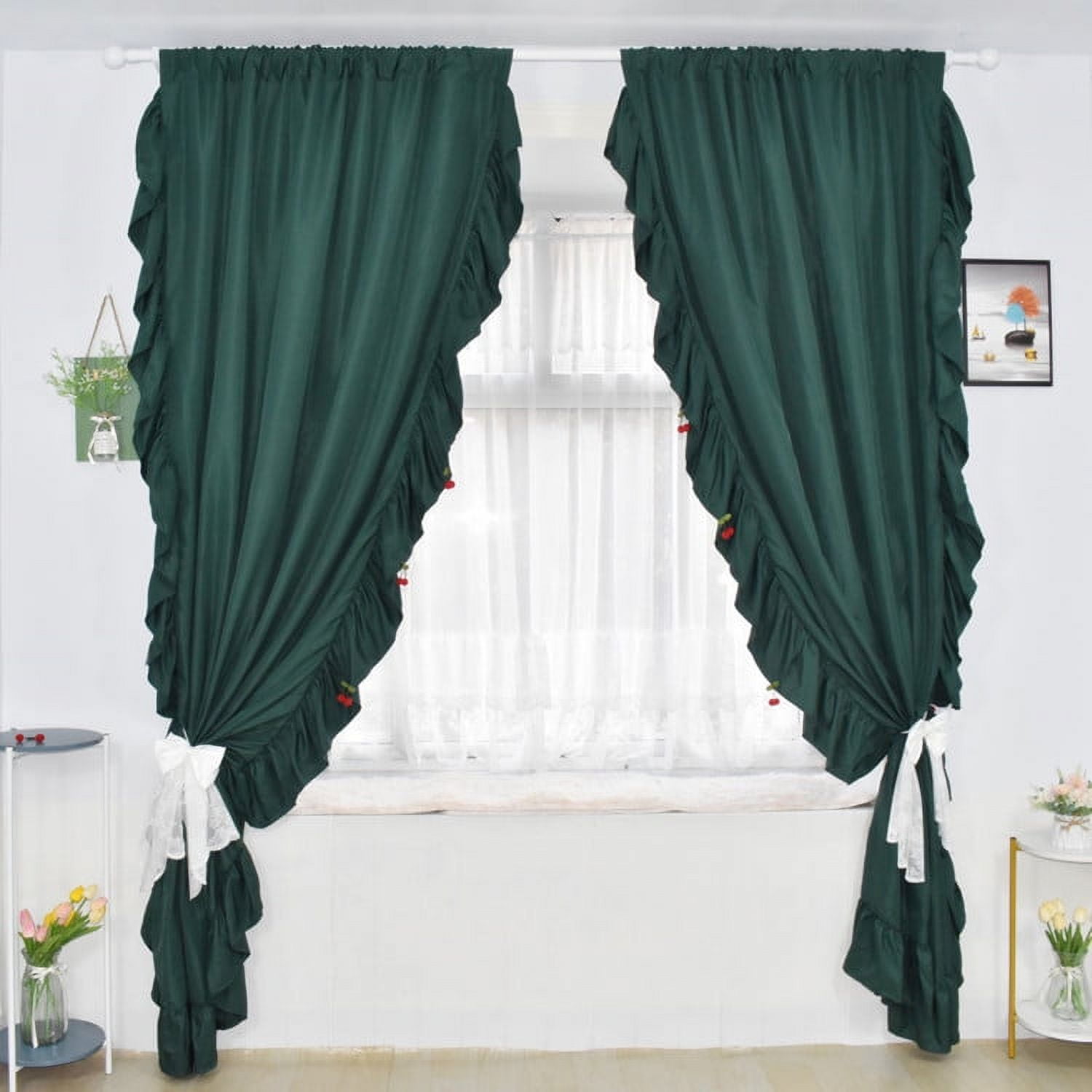 2 Panels Set Dark Green Farmhouse Ruffle Curtains for Living Room Rod Pocket Light Filtering ...