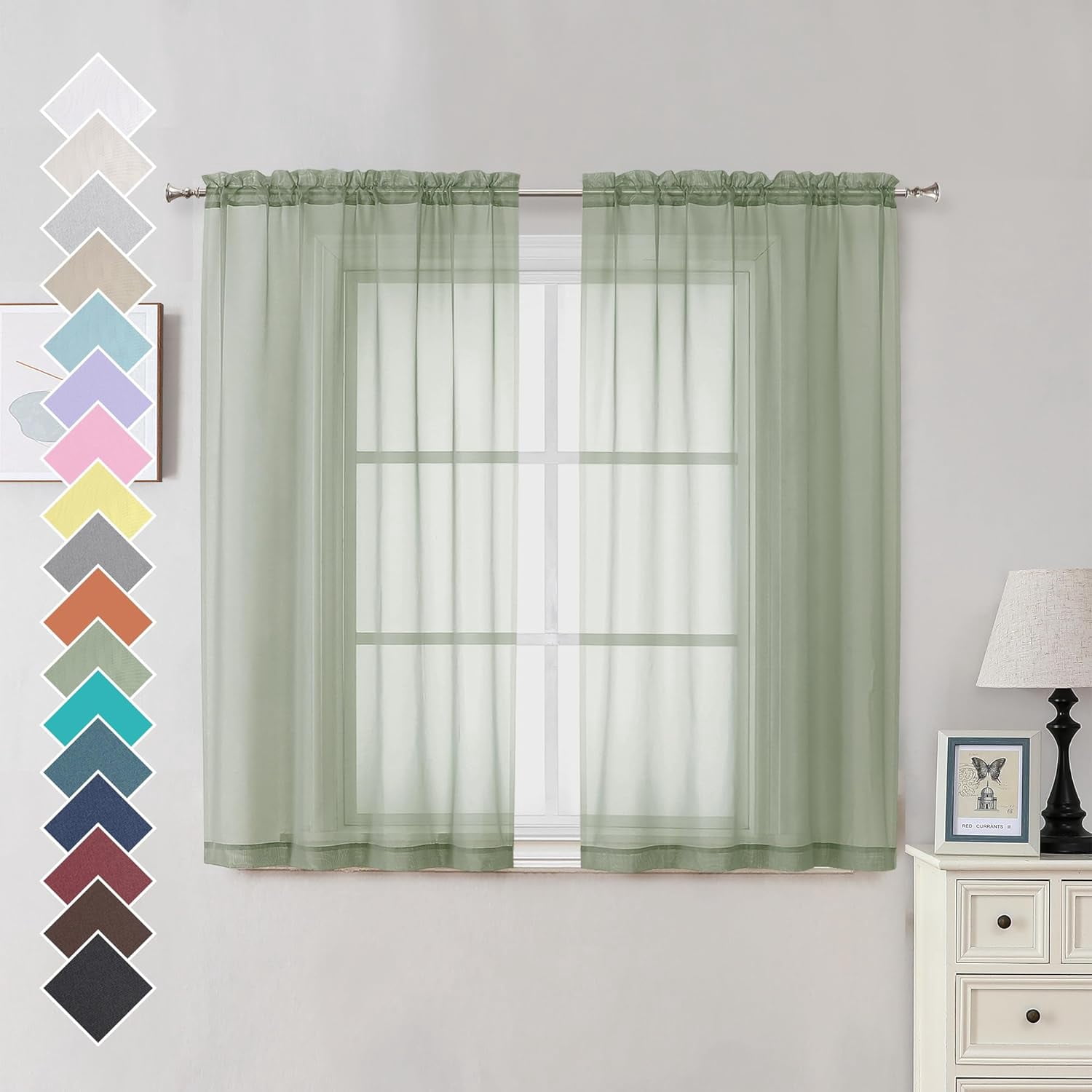 2 Panels Sheer Sage Green Curtains 54 Inches Length Window Treatment
