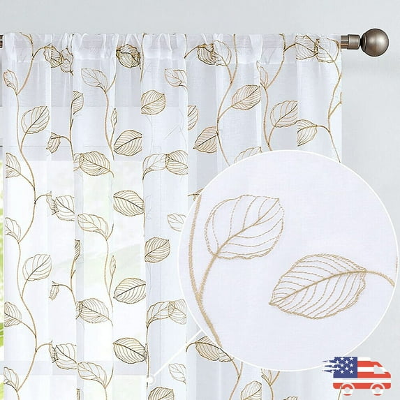 2 Panels Sheer Treatment Leaf Embroidered Curtains Rod Pocket for Bedroom