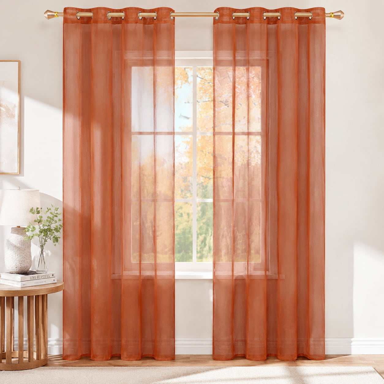 2 Panels Solid Color Sheer Curtains 63 Inch Length Set Fall Terracotta ...