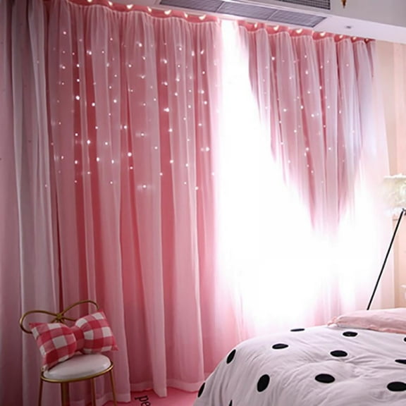 2 Panels Star Curtains for Girls Bedroom Kids Room Decor Light Blocking Voile Layered Princess Star Hollowed Curtain,39"x79"