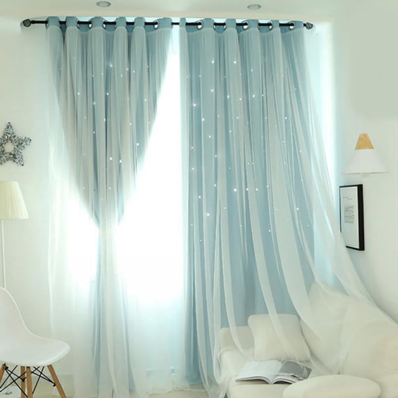 2 Panels Star Curtains for Girls Bedroom Kids Room Decor Light Blocking Voile Layered Princess Star Hollowed Curtain,39"x79"