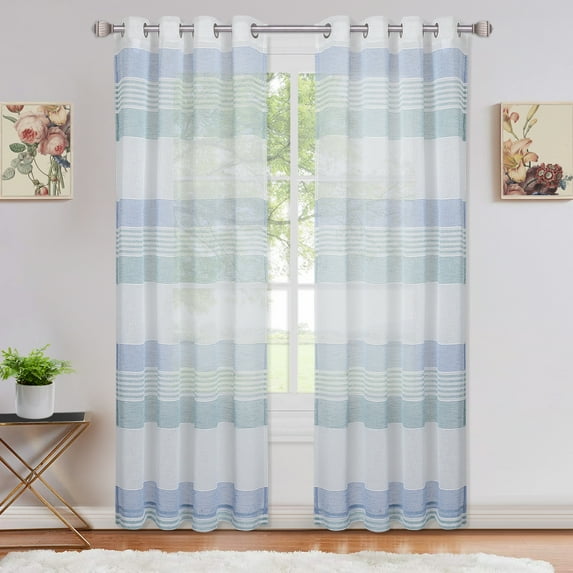 2 Panels Stripe Sheer Curtains, Semi Transparent Voile Curtains with Grommets