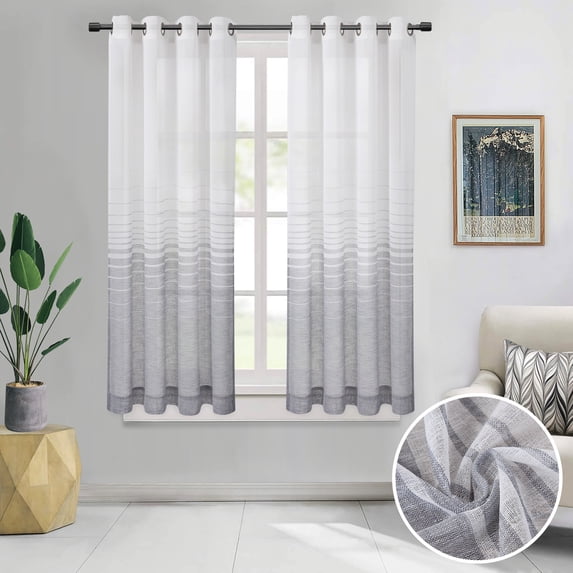 2 Panels Striped Ombre Tier Curtains, Textured Grommet Semi Sheer Voile Curtain Valance