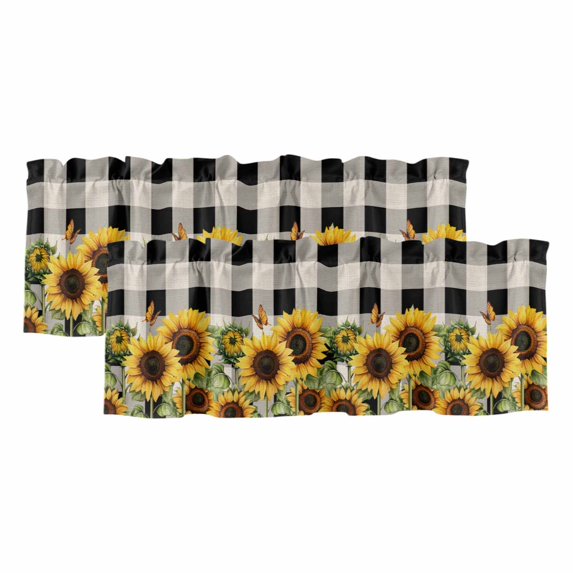 2 Panels Sunflower Checkered Valance for Windows, Black Buffalo Plaid Pastoral Flowers Light Filtering Kitchen Curtains, Rod Pocket Window Treatment Curtain Valances for Living Room Bedroom, 54"x18"
