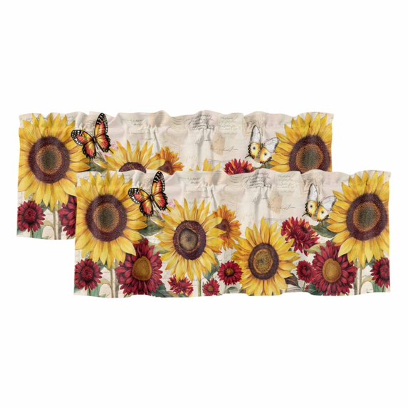 2 Panels Sunflower Farmhouse Valance for Windows, Spring Summer Retro Butterfly Flowers Light Filtering Kitchen Curtains, Rod Pocket Window Treatment Curtain Valances for Living Room Bedroom, 42"x12"