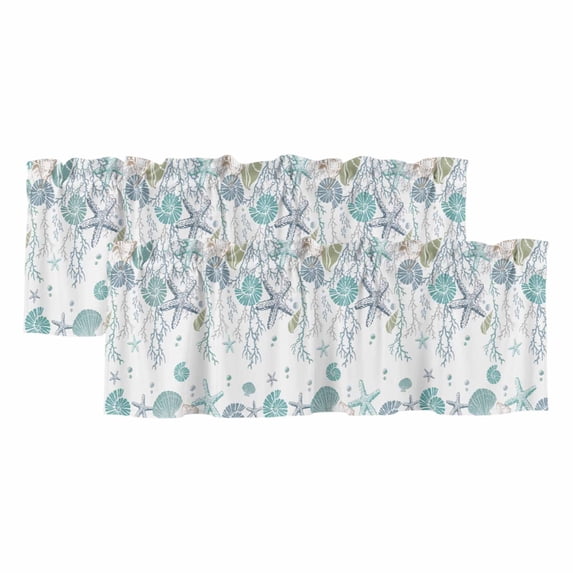2 Panels Turquoise Coastal Valance for Windows, Summer Beach Coral Shell Starfish Ocean Light Filtering Kitchen Curtains, Rod Pocket Window Treatment Curtain Valances for Living Room Bedroom, 42"x18"