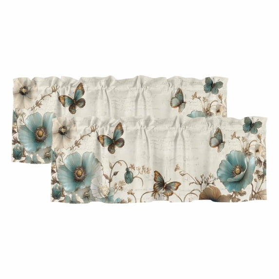 2 Panels Turquoise Tulip Valance for Windows, Spring Vintage Botanical Butterfly Floral Light Filtering Kitchen Curtains, Rod Pocket Window Treatment Curtain Valances for Living Room Bedroom, 54"x18"