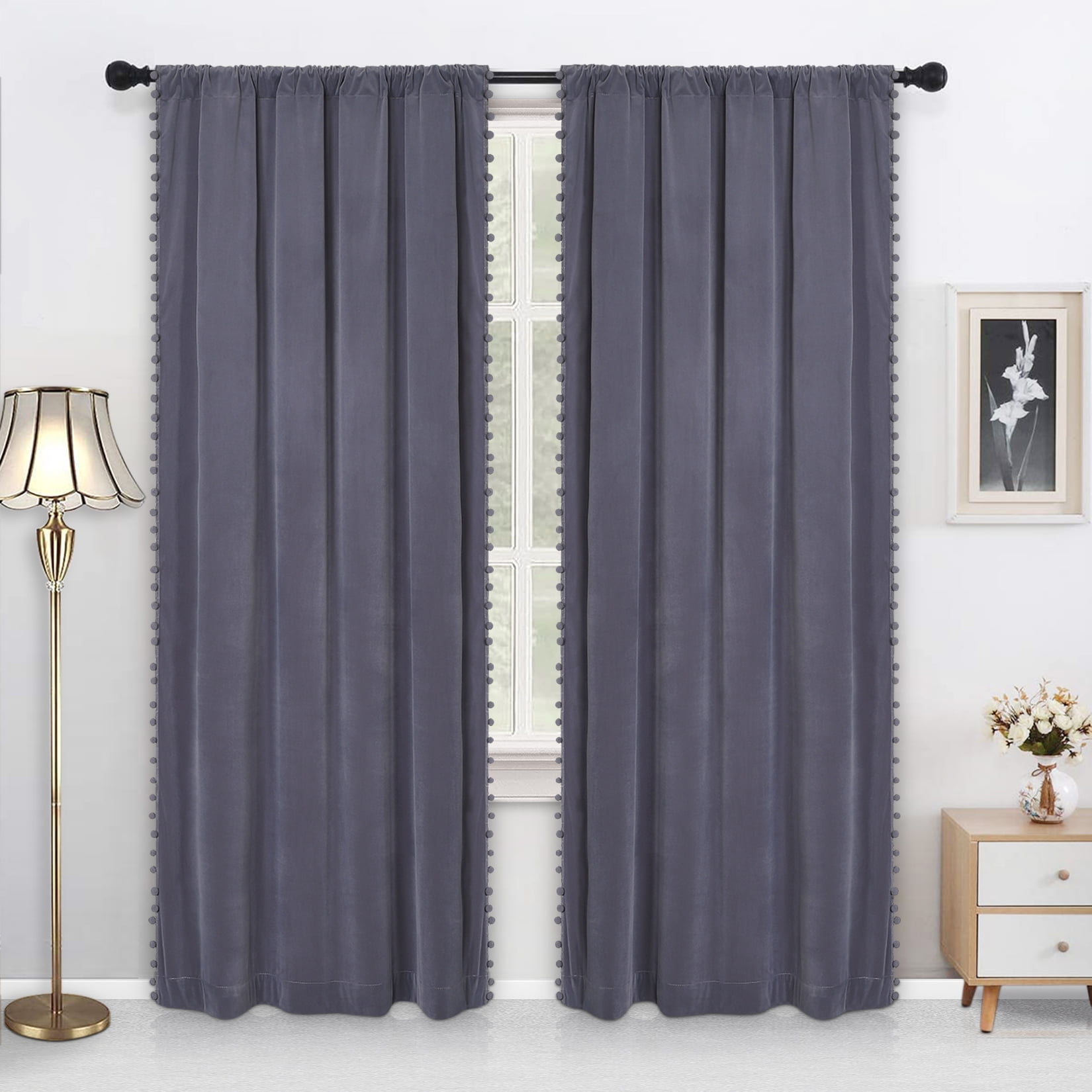 2 Panels Velvet Curtains, Luxury Pom Pom Tasseled Drapes Thermal