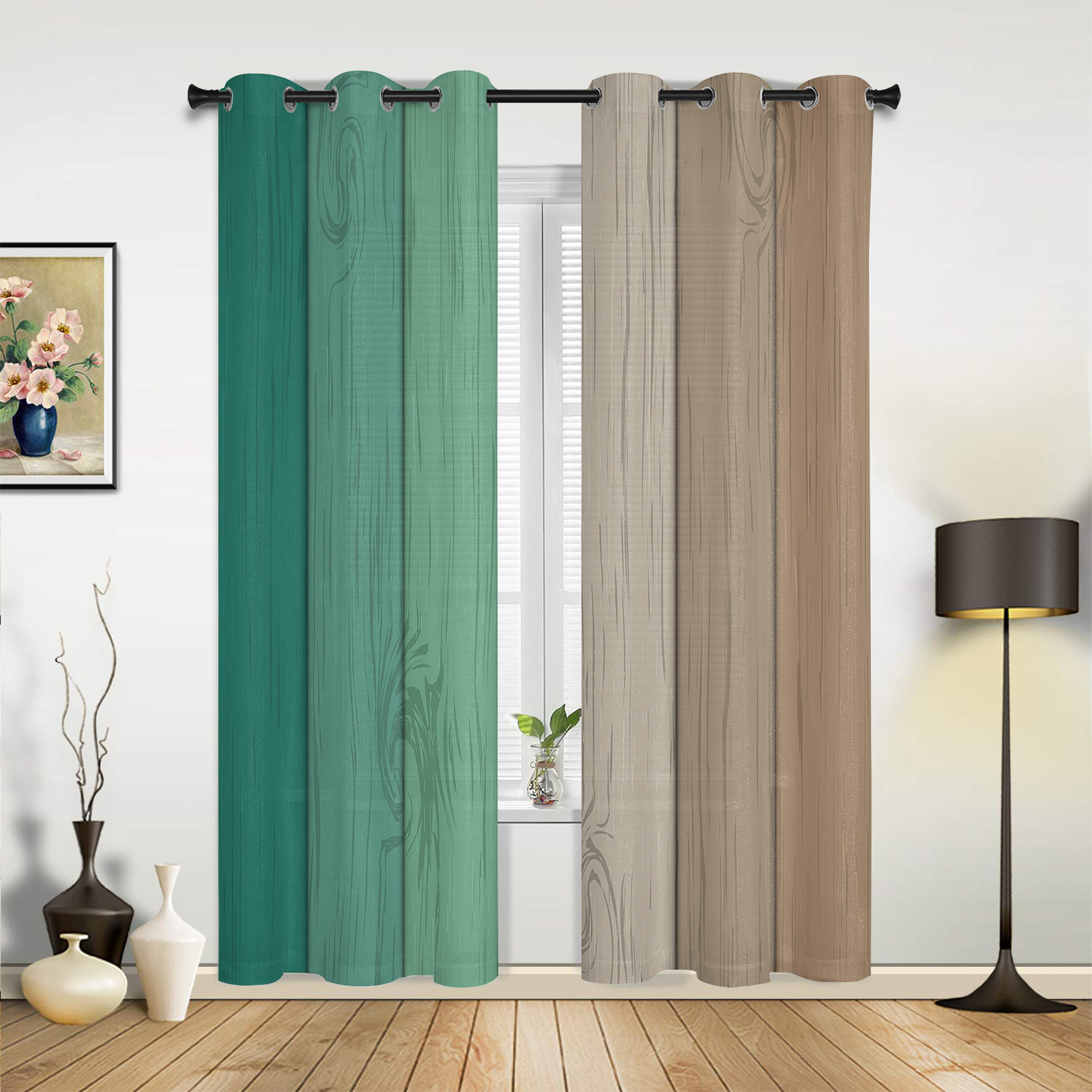 2 Panels Vintage Khaki Brown Gradual Wood Grain Curtains for Bedroom ...