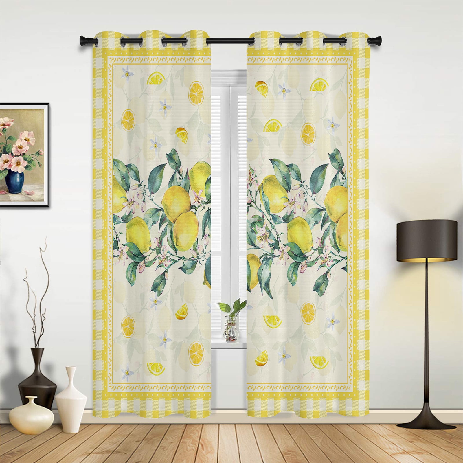 2 Panels Watercolor Lemon Fruit White Yellow Curtains for Bedroom ...
