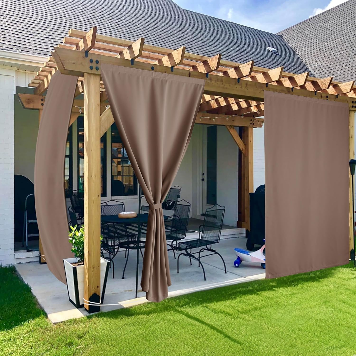 2 Panels Waterproof Outdoor Curtains, Strong Velcro Top No Rods Needed, Back Tab Bottom with Free Rope for Windproof, Weatherproof & Privacy Curtains for Patio/Porch, W52 x L108 in, Tan