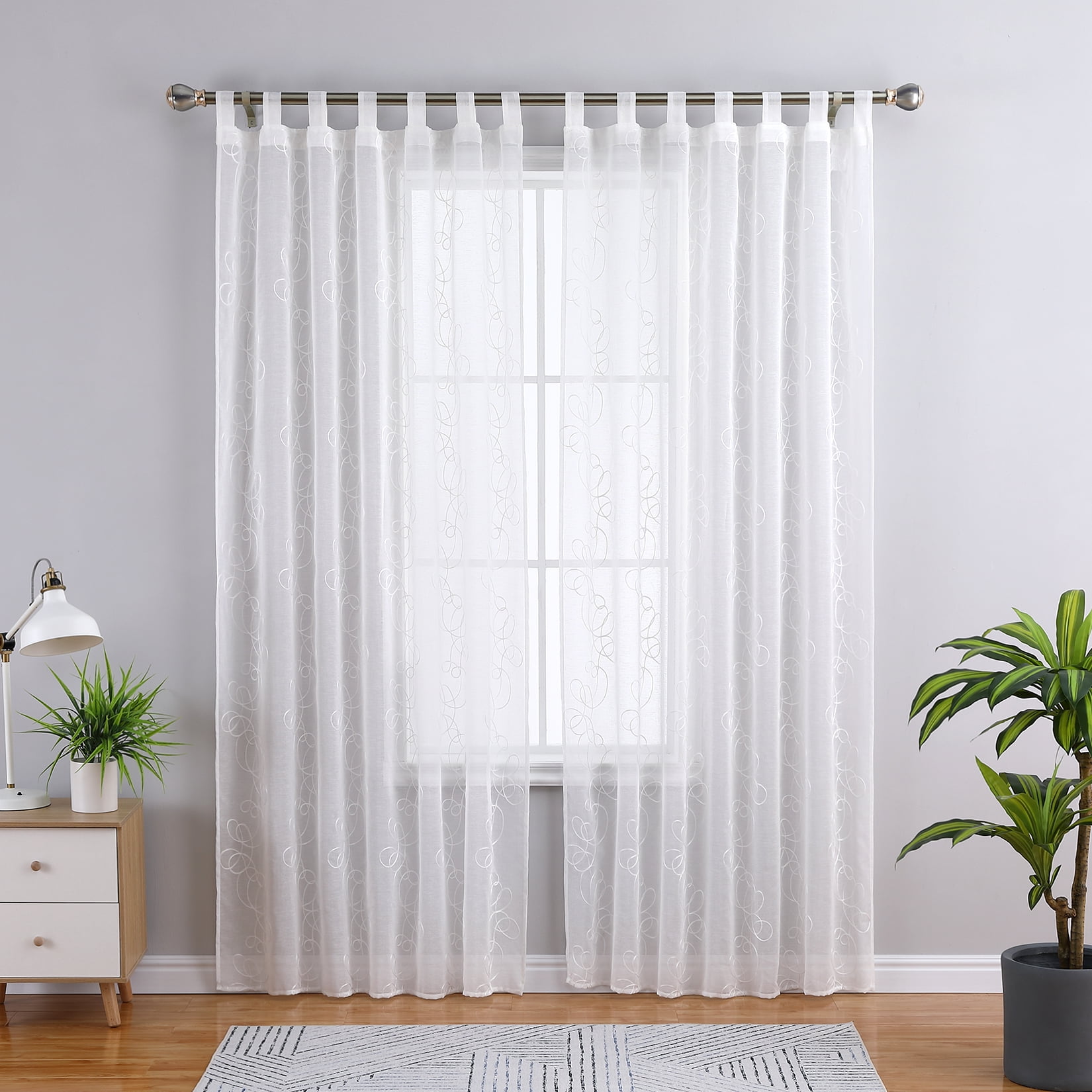 2 Panels White Sheer Curtain, Tab Top Embroidered Semi Sheer Voile