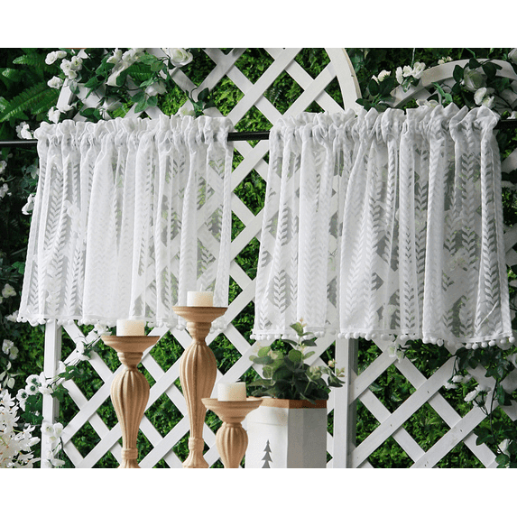 2 Panels White Sheer Lace Curtains Vintage Floral for Living Room Sets Rod Pocket Sheer Valance Drapes for Kitchen Windows