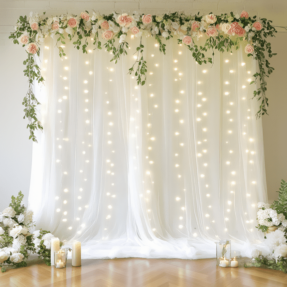 2 Panels White Tulle Backdrop Curtains with String Lights, 5x8FT Each, USB , Wedding Party Photo Booth Decor