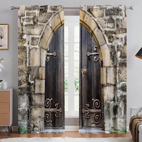 2 Panels Window Curtains Retro Wooden Door Realistic 3d Printing Curtains Bedroom Living Room Kitchen Decorative Curtains Custom