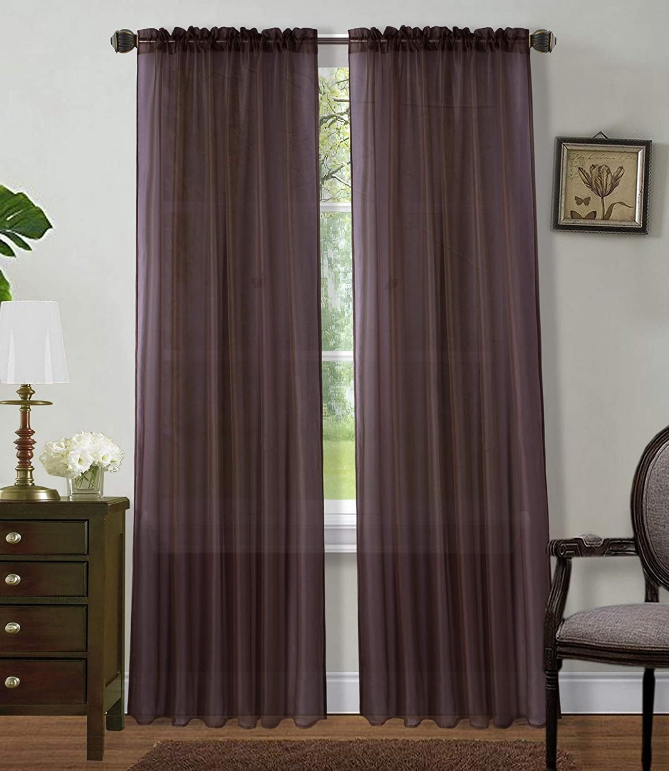 2 Panels Window Sheer Curtains 54 X 63 Inches 108 Total Width Voile For Bedroom Living Room Rod Pocket Decorative Solid Brown Com