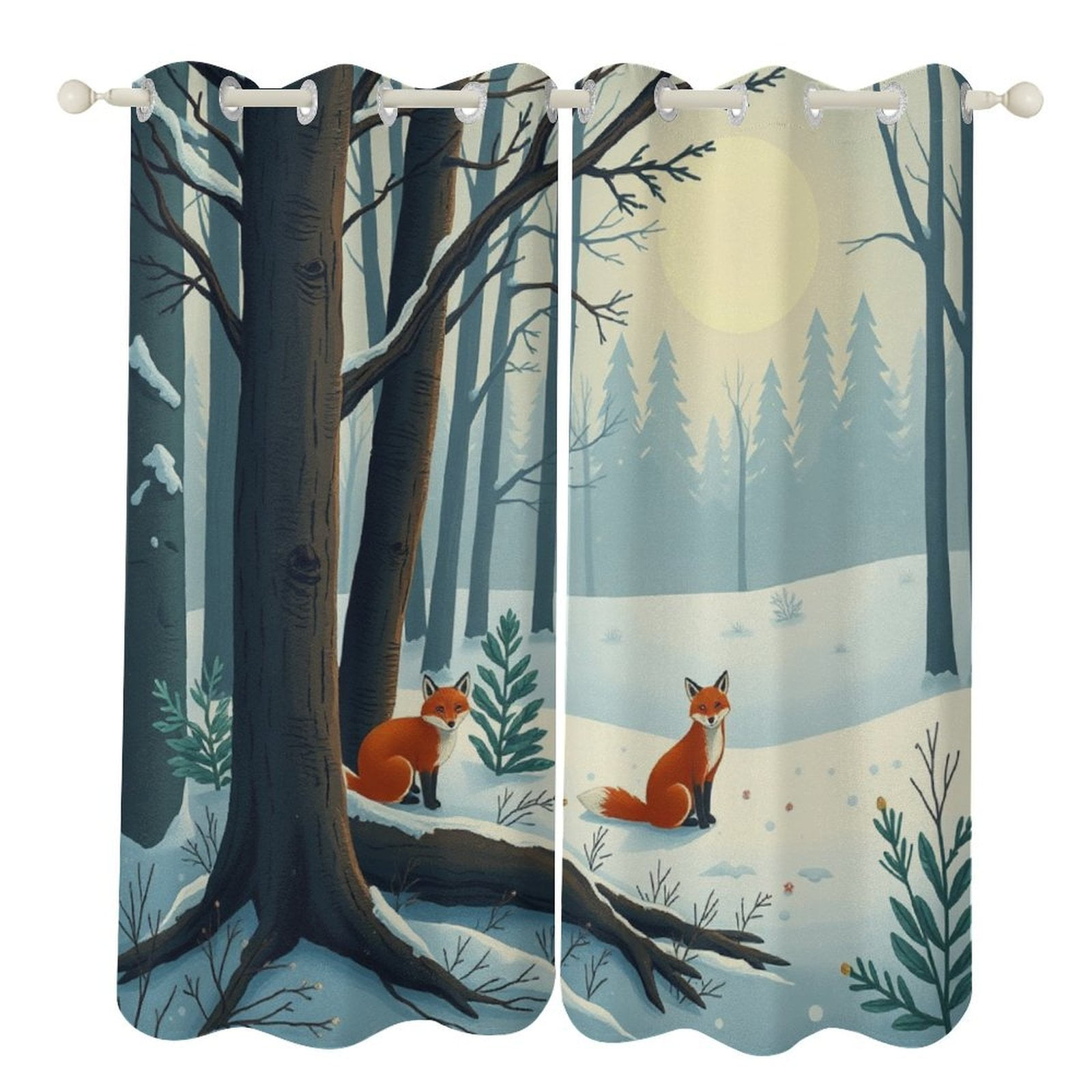 2 Panels Winter Foxes Forest Curtains for Bedroom Living Room Drapes