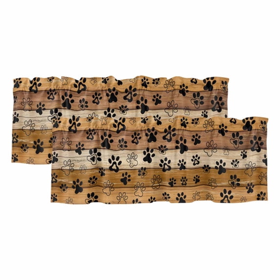 2 Panels Yellow Dog Paws Valance for Windows, Farmhouse Vintage Modern Beige Brown Wood Light Filtering Kitchen Curtains, Rod Pocket Window Treatment Curtain Valances for Living Room Bedroom, 42"x12"