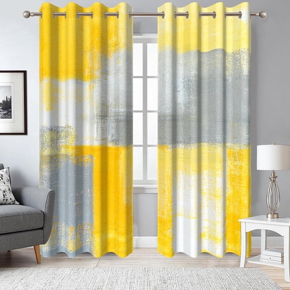 2 Panels Yellow Grey Abstract Blackout Curtain for Bedroom,Modern Art Grommet Drapes for Living Room,52x84 Inch