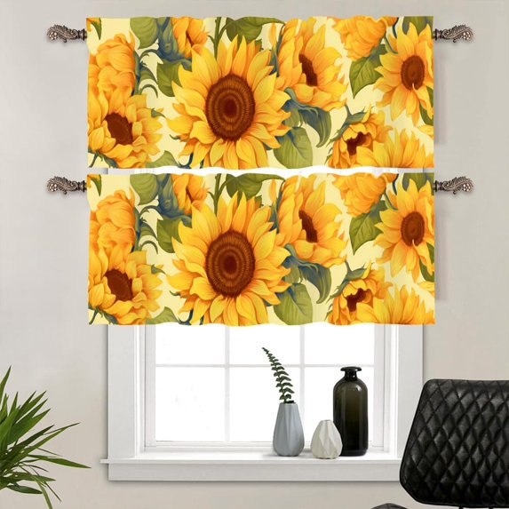 2 Panels Yellow Sunflower Curtain Valance for Windows, Retro Rustic Floral Plants Rod Pocket Short Window Treatment Decor Drapes for Kitchen, Bathroom, 54" X 18"