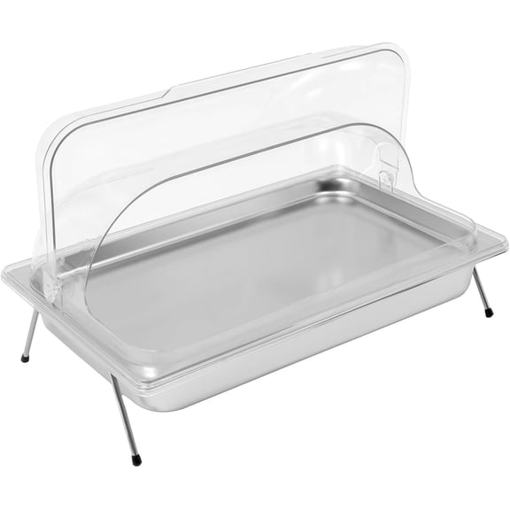 2 Pans Food Serving Display Tray with Clear Roll Top Cover Countertop Stainless Steel Ice Food Serving Display Container Buffet Cold Serving Cooler Platter Double Pan Keep Food Warm/Cold