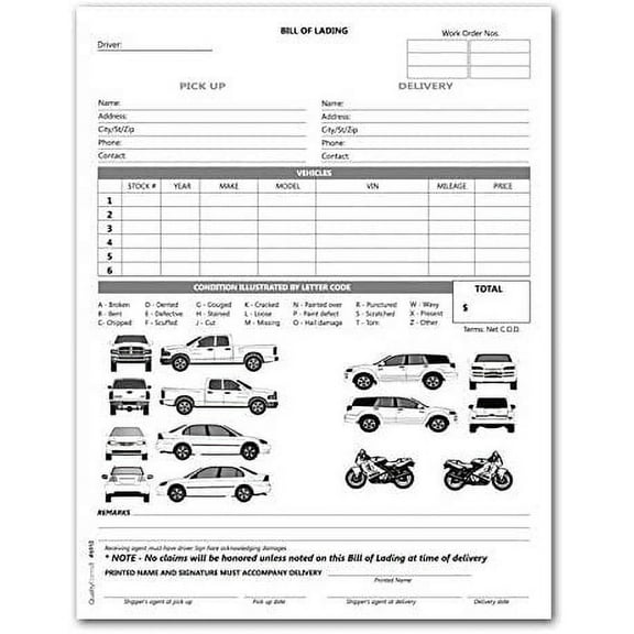 2 Part Vehicle Transport Bill of Lading Form White/Yellow