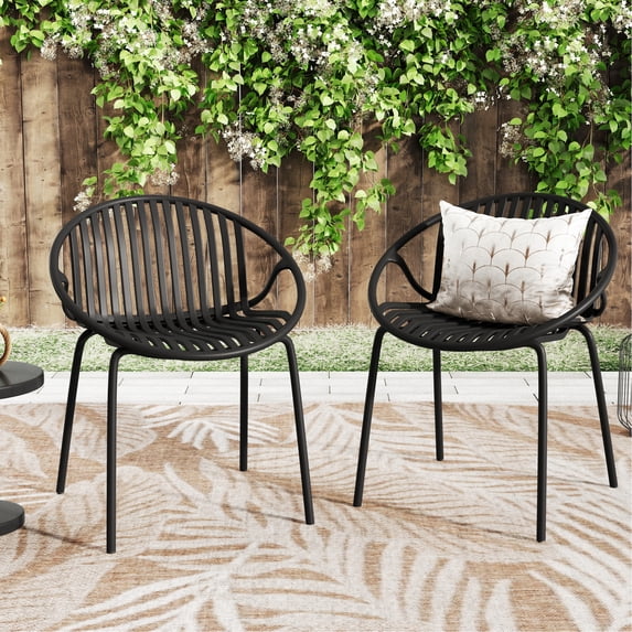 2 Patio Dining Chairs, Black. Modern Simple Style With Breathable . Metal Legs And Plastic Seat. Ergonomic, Strong, 300 Lbs Capacity. 24.79"x23.16"x30.64". Assembly Required Chairs ( Of 2), Art + ,