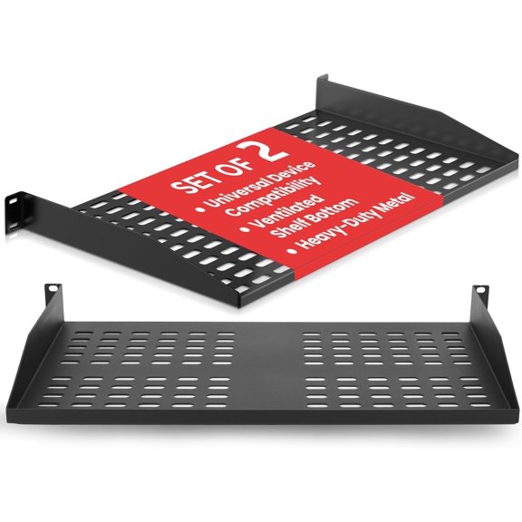 2-Pc 1U Server Rack Shelf, Vented Shelves for Good Air Circulation, Cantilever Mount, Wall Mount Rack, Universal Device, Cabinet Shelf, Computer Case Mounting Tray, Black- PLRSTN14UX2