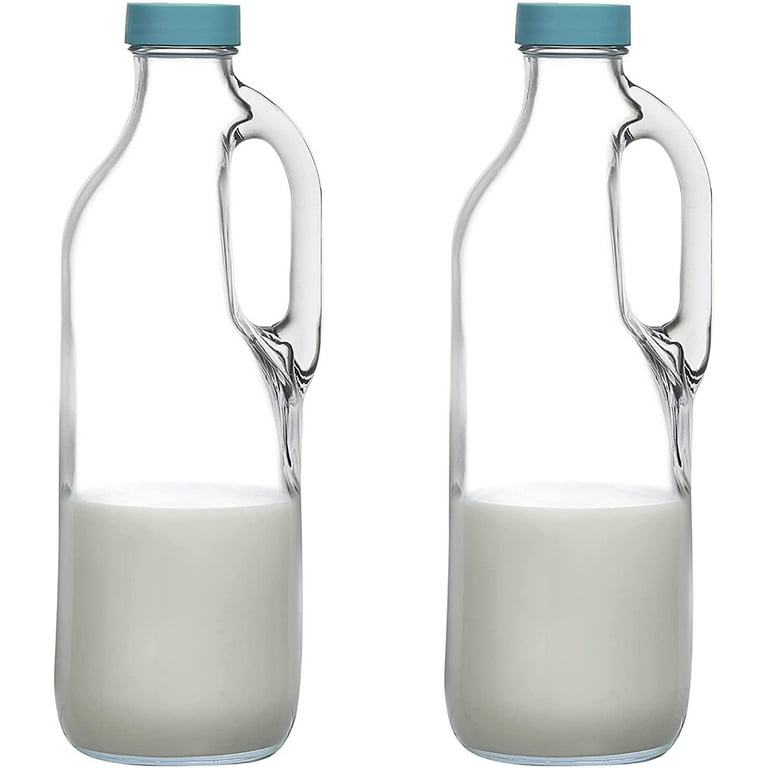 2 PC 47oz Clear Glass Milk Bottles Set with Handle and Lids - Airtight Milk Container for Refrigerator Jug Glass Water Pitchers Water Juice Heavy Milk