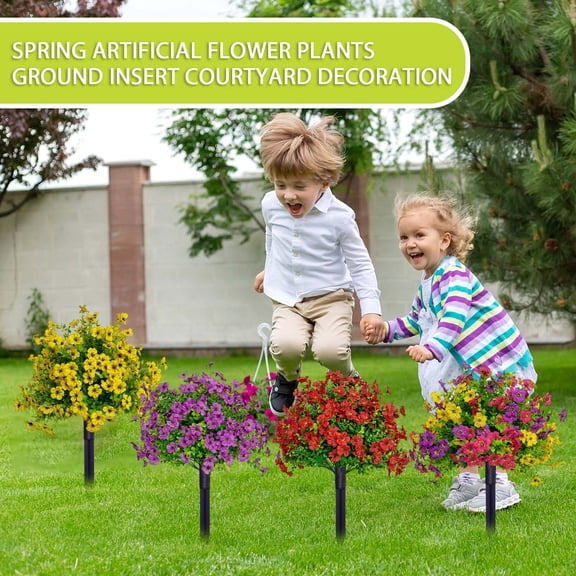 2-Pc Artificial Flower Bushes with Ground Spike, UV Resistant Faux Plants for Outdoor Garden Decor Multicolor