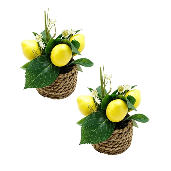 2 Pc Artificial Lemon Tree with Woven Basket, Faux Lemon Decor for Kitchen Table, Countertop, Bedroom, Office, Spring Summer Home Decoration