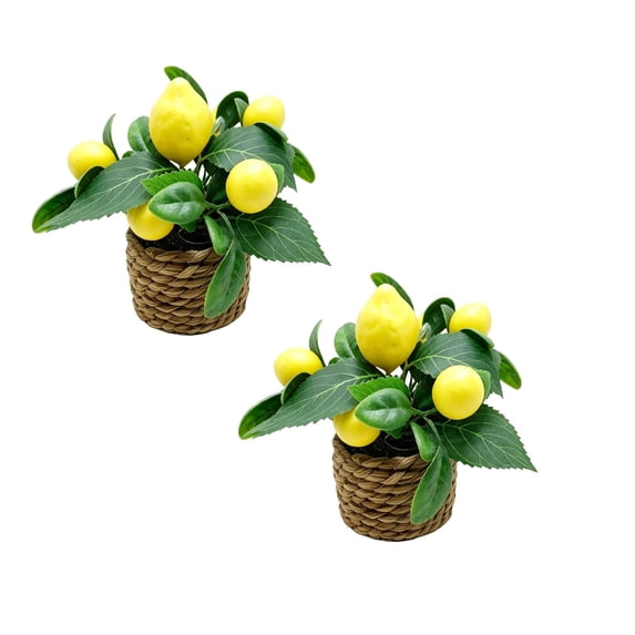 2 Pc Artificial Lemon Tree with Woven Basket, Faux Lemon Decor for Kitchen Table, Countertop, Bedroom, Office, Spring Summer Home Decoration