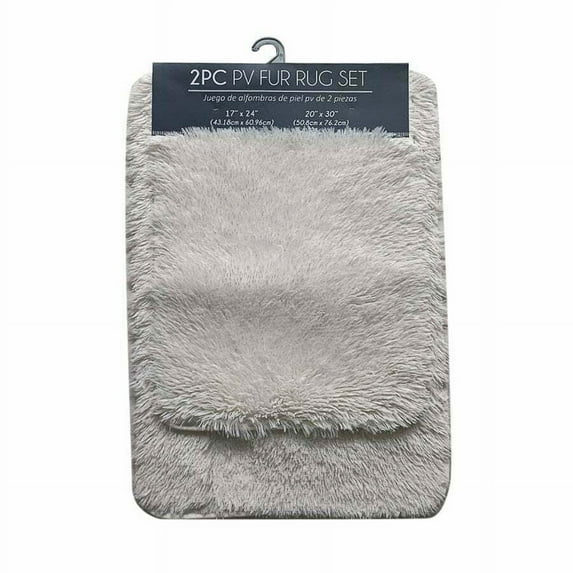 2 Pc Bath Mat Set, PV Fur Rug Soft Furry Shag Plush Bathroom Floor Carpet, Non-Slip 17" x 24" & 20" x 30" Solid Color - White