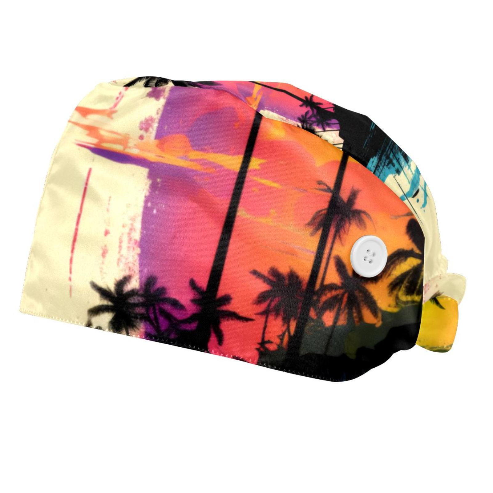 2Pc Bouffant Scrub Caps for Women,Beanie Hats with Buttons and Cotton