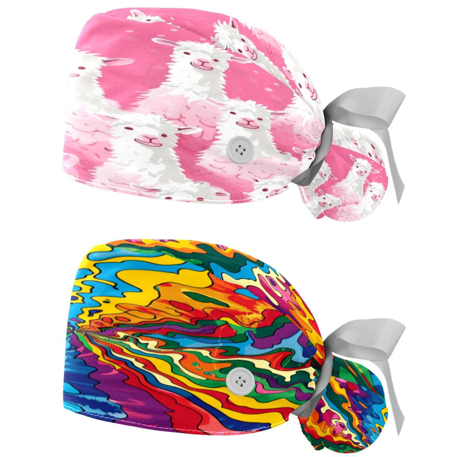 2Pc Bouffant Turban Hats,Tie Back Hat with Buttons,Fishing Hat,Cute