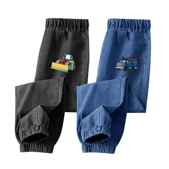 2 Pc Boys Casual Jeans Car Printed Faux Denim Pants Elastic Waist Loose Joggers Pants Streetwear Black,9 Years