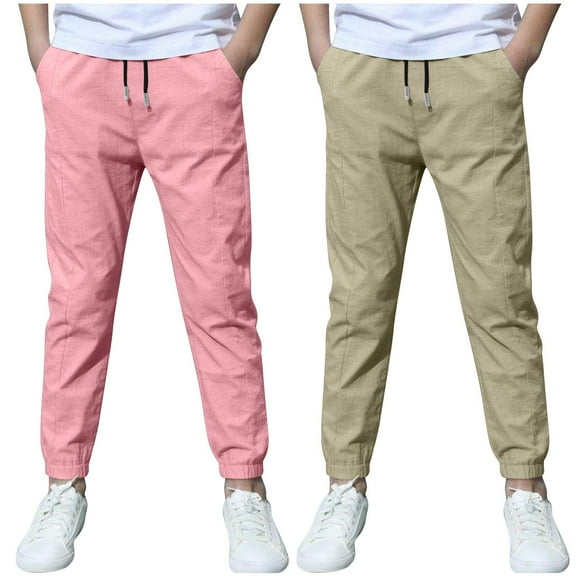 2 Pc Boys Linen Pants Summer Drawstring Jogger Trousers Lightweight Athletic Casual Pants with Pockets Loose Soft with Pockets Sweatpants 5Y