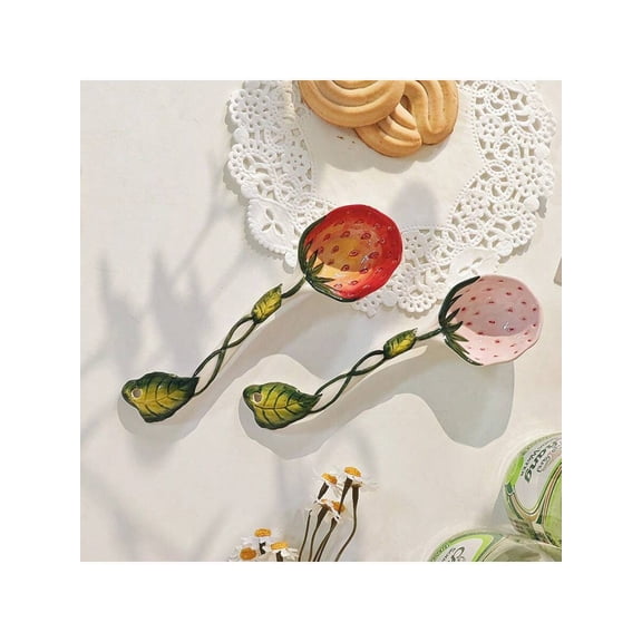 2 Pc Creative And Fashionable Ceramic Strawberry Spoon For Household Use Suitable For Soup And Dessert