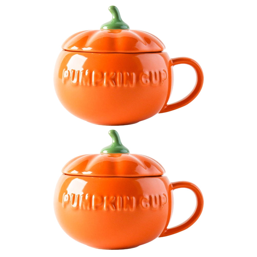 2 Pc Creative Pumpkin Cups Ceramic Cups Halloween Cups with Covers