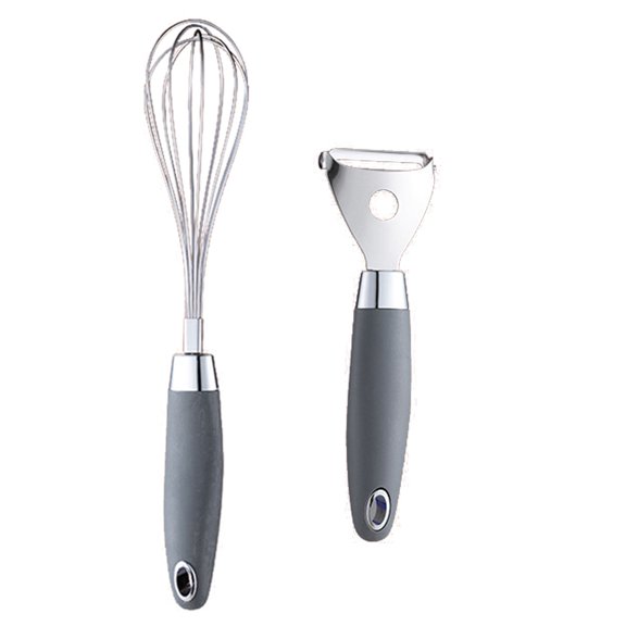 2 Pc Kitchen Stainless Steel Gadget Set with Soft Touch Handles for CookingEgg beater + peeler
