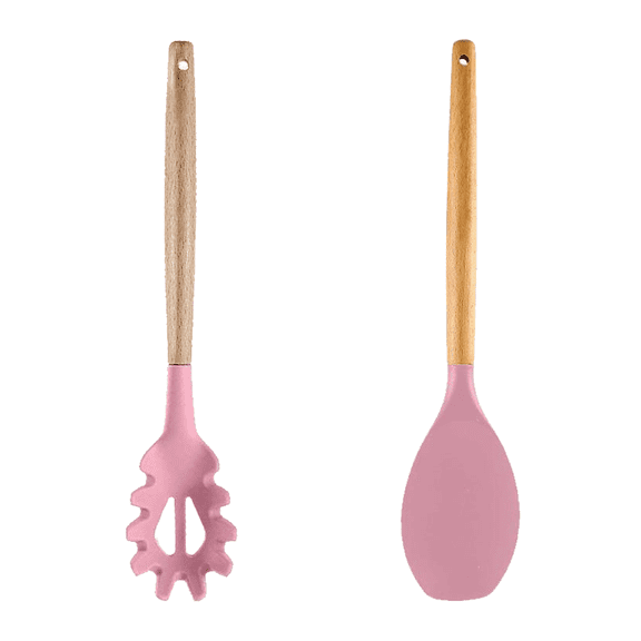 2 Pc Kitchen Utensil Set, Easy to Clean Wooden Kitchen Utensils, Cooking Utensils for Nonstick Cookware- Pink-Powder grab + spatula (pink)