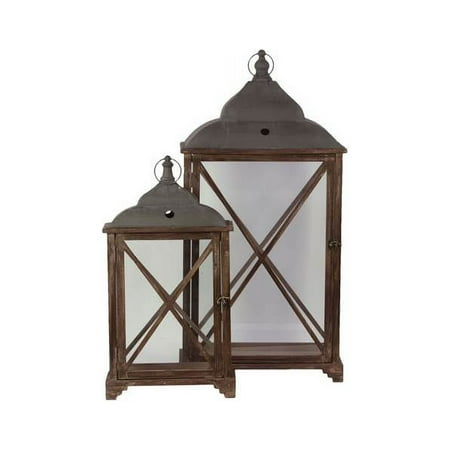 Urban Trends Collection 46013 Wood Rectangular Lantern With Cast Iron Top, Metal Ring Handle & Glass Sides - Sienna Brown