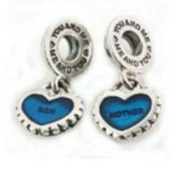 2 Pc "Mother Son" Heart Charms Bead Compatible with European Snake Chain Bracelet