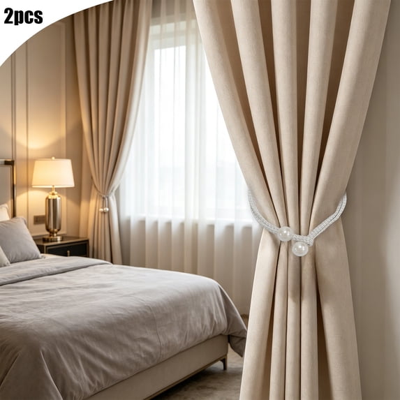 2 Pc Pearl Curtain Tieback White, Woven Cord Curtain Holdback with Faux Pearl Accents, Adjustable Drapery Tie Strap for Living Room Bedroom