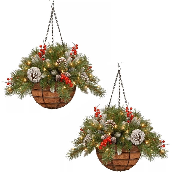 2 Pc Pre-Lit Artificial Christmas Hanging Basket, Christmas Hanging Planter Basket With Pine Cones Red Berries Warm LED Lights, Winter Front Porch Home Decor For Holiday Party