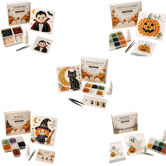 2 Pc Sea Glass Art Kit Mosaic Art for Adults, Halloween 5.91 Inch Mosaic Tile Kit with Sea Glass Pieces Glue Tweezers, Spooky Home Decor Gift(Random style)